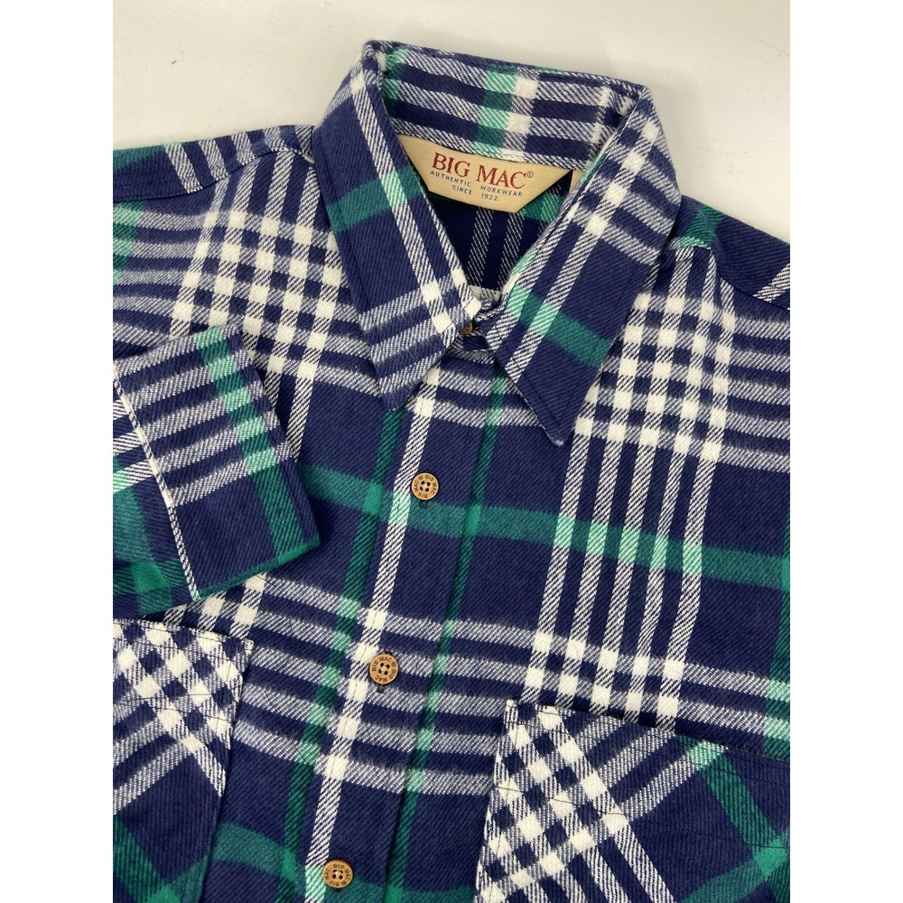 Vintage Big Mac Shirt Mens Large Tall Blue Plaid Flannel Workwear USA Dead Stock
